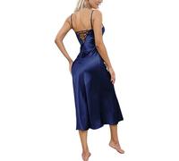 Alcea Rosea Camicia da Notte da Donna in Raso Sexy Scollo a V Senza Maniche e Spalline Regolabili con Cravatta da Notte (X-Blu Navy, M)