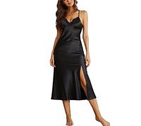 Alcea Rosea Camicia da Notte in Raso da Donna Lingerie Senza Maniche in Pizzo con Scollo a V Indumenti da Notte Sexy Senza Schienale in Raso Sottoveste in Seta Vestaglia S-XXXL (Nero Satinato, S)