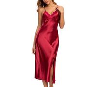 Alcea Rosea Camicie da Notte Seta in Raso di Sottoveste Donna Lunga Sexy Collo a V Vestito Camicie Notte Donna (Vino, XXXL)