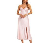 Alcea Rosea Camicie da Notte Seta in Raso di Sottoveste Donna Lunga Sexy Collo a V Vestito Camicie Notte Donna(X-Rosa,M)