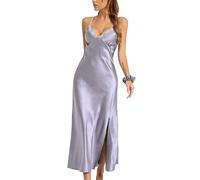 Alcea Rosea Camicie da Notte Seta in Raso di Sottoveste Donna Lunga Sexy Collo a V Vestito Camicie Notte Donna (Grigio, M)