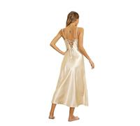 Alcea Rosea Camicie da Notte Seta in Raso di Sottoveste Donna Lunga Sexy Collo a V Vestito con Retro Cinturino Regolabile per Spaghetti Camicie Notte Donna(X-Champagne, L)