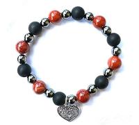 ALCHIMIA- Bracciale elastico pietra vera naturale ematite mm.6 cuore lega stile tibetano colore argento antico con pietre vere naturali mm.8 cristalloterapia Diaspro rosso Ossidiana opaca