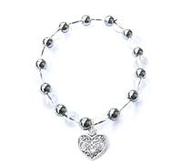 ALCHIMIA- Bracciale elastico pietra vera naturale ematite mm.6 cuore lega stile tibetano colore argento antico con pietre vere naturali mm.8 cristalloterapia (Quarzo Ialino)