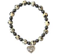 ALCHIMIA- Bracciale elastico pietra vera naturale ematite mm.6 cuore lega stile tibetano colore argento antico con pietre vere naturali mm.8 cristalloterapia Diaspro dalmata
