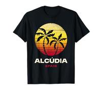 Alcudia Spagna Retro Palm Tramonto Spiaggia Tropicale Maglietta