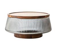 ALCXAZS Insalatiera in vetro trasparente su base in legno, mostra ingredienti freschi, vassoio per frutta vetro di acacia, insalatiera, vassoio per frutta con piedini alti, a coste, digitare+5