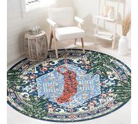 Aldopein Tappeto blu lavabile sottile orientale boho vintage leopardo tropicale 1,5 m tappeto rotondo per camera da letto, cucina, sala da pranzo, soggiorno, ufficio, piante della giungla invecchiate,
