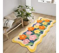 Aldopein Tappeto da bagno e cucina, motivo floreale, antiscivolo, lavabile, stile bohémien, elegante, per comodino, ingresso interno, ingresso, tappeto shaggy colorato arancione giallo fiore