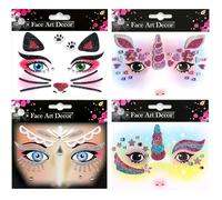 ALEGRE Tatuaggio per il viso con unicorno, 4 foglie, tatuaggi temporanei, tatuaggi per il viso, 4 foglie, tatuaggi per il viso con gatto, elfo trucco, glitter per feste a tema
