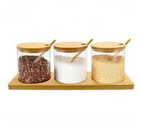 Aleker 3 barattoli per spezie in vetro con coperchio e cucchiai in bambù, 300 ml, barattoli per condimenti e spezie da cucina, contenitori per sale con base in bambù, per spezie, sale, zucchero, pepe,