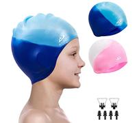 Alepo Confezione da 2 Cuffia da nuoto per bambini e bambine, in silicone durevole, con protezione per le orecchie 3D, per bambini piccoli, capelli lunghi di età compresa tra 3 e 15 anni, clip per il