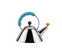 Alessi Kettle 9093/1 LAZ - Bollitore di Design, Adatto a Cottura ad Induzione, Fondo in Acciaio Inossidabile Lucido 18/10 con Manico e Fischietto a Uccellino in PA, Azzurro Chiaro, 100cl