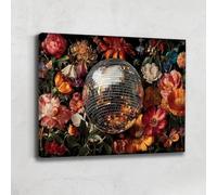 Alessio Cacciatore Quadro a sfera da discoteca con fiori - tela retrò moderna, stampa su tela Coloree - decorazione da parete festiva - arte da parete Pop - idea Deco Soggiorno - cornice da tavolo