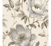 Carta Da Parati Creme/Grey Con Accenti Metallici Oro Fiori Muriva Alethia 227501