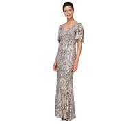 Alex Evenings Women's Long Sequin Dress with Flutter Sleeves, Mink, 12