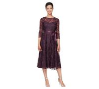Alex Evenings Women's Tea Length Embroidered Cocktail Dress with Illusion Sleeves, Wedding Guest, Eggplant, 12