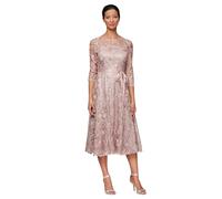 Alex Evenings Women's Tea Length Embroidered Dress with Illusion Sleeves