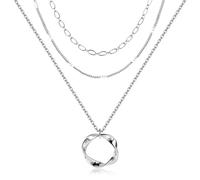 ALEXCRAFT Collana Donna Argento, 3 PCS Regolabile Collane, Collana Multistrato con Pendente Cerchio, Moda, Ipoallergenici, Argento Placcato, Regali Natale per Donne Ragazze Adolescenti Figlia