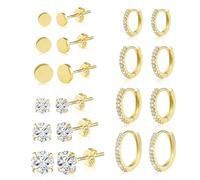ALEXCRAFT Orecchini Cerchio con Bottone Donna Oro Set, Orecchini Punto Luce, Orecchini a Perno con Zirconi Piercing Multipli in Cartilagine Set, 14K Oro Placcato, Ipoallergenici, 10 Paia