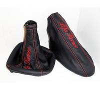 Alfa romeo 147 cuffie cambio e freno pelle nera con ricami rossi