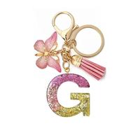 Alfabeto Portachiavi con Farfalla Pompon Pendente, Iniziale Lettera A-Z Keychain, Rosa Resina Charm Portachiavi Anello per Donne Ragazza Borsa Bagagli Decorazione, G, 1~4,8 x 4 cm