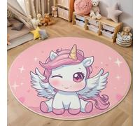 Alfombra de pelo corto, redonda, diámetro de 120cm, rosa, amarillo y pequeño patrón de, para habitación de los niños, Unicorno carino Animali dei cartoni animati, pequeña
