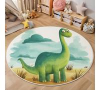 Alfombra de pelo corto, redonda, diámetro de 80cm, blu-verde, amarillo y pequeño patrón de, para habitación de los niños, Dinosauro acquerello Stile cartone animato, pequeña