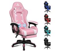 ALFORDSON Chaise de Bureau, Chaise de Bureau avec Coussin Lombaire de Massage, Chaise D'ordinateur Ergonomique avec Dossier Inclinable, Chaise Pivotante avec Repose-Pieds, Hauteur Réglable, Rose