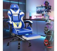 ALFORDSON Sedia da gioco massaggiante, reclinabile a 150°, sedia da ufficio ergonomica, in pelle PU con poggiapiedi, altezza regolabile, sedia da corsa, capacità di 180 kg, Ecopelle, Blu e Bianco