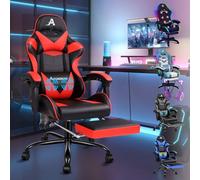 ALFORDSON Sedia da gioco massaggiante, reclinabile a 150°, sedia da ufficio ergonomica, in pelle PU con poggiapiedi, altezza regolabile, sedia da corsa, capacità di 180 kg, Ecopelle, Rosso