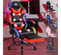 ALFORDSON Sedia Gaming con Massaggiante e Luci LED,Sedia Ergonomica Gamer per Scrivania,Poltrona Regolabile in Altezza con Supporto Lombare Poggiatesta,Schienale Regolabile 90-150°, Similpelle(Rossa)