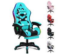 ALFORDSON Sedia Gaming da Corsa con Illuminazione LED RGB, Poltrona Massaggiante per Computer con Poggiapiedi, Ergonomica Girevole con Schienale a Leva, Ciano
