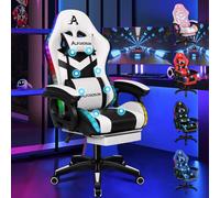 ALFORDSON Sedia Gaming Massaggiante con Luci LED,Sedia Ergonomica Gamer per Ufficio Domestico,Poltrona Scrivania con Poggiapiedi,Schienale Regolabile 90-150°,Portata 180KG, Similpelle(Bianca)