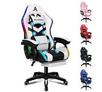ALFORDSON Sedia Gaming, Sedia da Corsa con Illuminazione LED RGB, Poltrona per Computer Massaggiante con Poggiapiedi, Sedia Ergonomica Girevole con Schienale a Leva, Bianco
