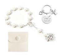 Alfuny Angelo Custode Auto Ciondolo & Portachiavi Set, Portafortuna | Decoro di perle con motivo angelo custode, regalo per la patente, per specchietto & portachiavi, compagno di viaggio