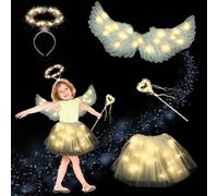 Ali d Angelo Costume,LED Ali d Angelo,4 Pezzi Ali d Angelo Costume,Fascia per Capelli,Bacchetta Magica,Gonna,Costumi da Festa di Carnevale,Giochi di Ruolo di Halloween (Bianco caldo)