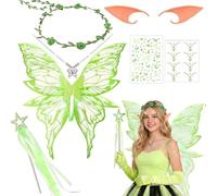 Ali da Fata per Adulti e Bambini, Costume Fata con Ali Farfalla Orecchie da Elfo Cerchietto da Fata e Bacchette, Costumi Principessa e Elfo per Feste di Compleanno Carnevale Cosplay Halloween (Verde)