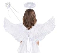 Ali d'angelo bianche, costume da angelo da donna con alone e bacchetta magica, ali d'angelo, costume decorativo da ala bianca 60 cm, ali di piuma, angelo di Halloween, costumi di carnevale, feste