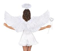 Ali d'angelo bianche, costume da angelo da donna con alone e bacchetta magica, costume decorativo da ala bianca 60 cm, ali di piuma, angelo di Halloween, carnevale, cosplay, feste