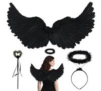 Ali d'Angelo Costume da Donna, 70 cm Set ali nere da angelo con aureola e bacchetta magica, Ali d'Angelo con Aureola, Ali di Piuma Angelo Costume Donna, per bambini per Halloween, feste di compleanno