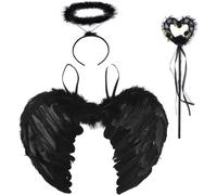 Ali d'angelo nere, ali di 43 cm di larghezza 30 cm di lunghezza, ali d'angelo per costumi, ali d'angelo decorative, ali di piume, con ali e alone, costumi di ali per adulti, per carnevale, feste a