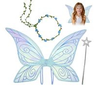 Ali Di Fata Ragazze,Ali di Fata Adulti Set, Ali di Fata Bambini,Bacchetta da Fata,Ghirlanda di Fiori per Carnevale Compleanno Carnevale Natale Gioco di Ruolo Festa a Tema Comic(Blu)
