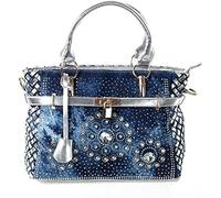 Alice Fan Borsa a tracolla da donna in denim di grande capacità con strass e strass alla moda, Argento
