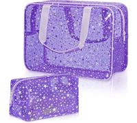 Aliceset 2 beauty case trasparenti a forma di stella, grande, con manico e astuccio per il trucco medio, resistente, impermeabile, da viaggio, con cerniera, per riporre oggetti da viaggio, Viola