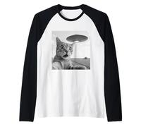 Alien Saucer Cat Selfie Shock Scena del Cielo Notturno da Vicino Maglia con Maniche Raglan