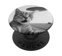Alien Saucer Cat Selfie Shock Scena del cielo notturno da vicino PopSockets PopGrip Adesivo
