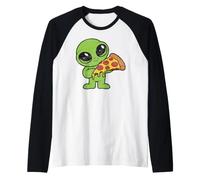 Alieno Carino con Fetta di Pizza Fast Food Maglia con Maniche Raglan
