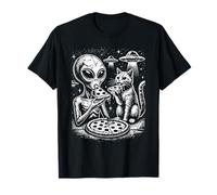 Alieno E Gatto Mangiare Pizza Alieni Credenti Amante Gatti Divertente Maglietta
