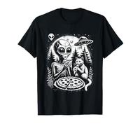 Alieno E Gatto Mangiare Pizza Alieni Credenti Amante Gatti Divertente Maglietta